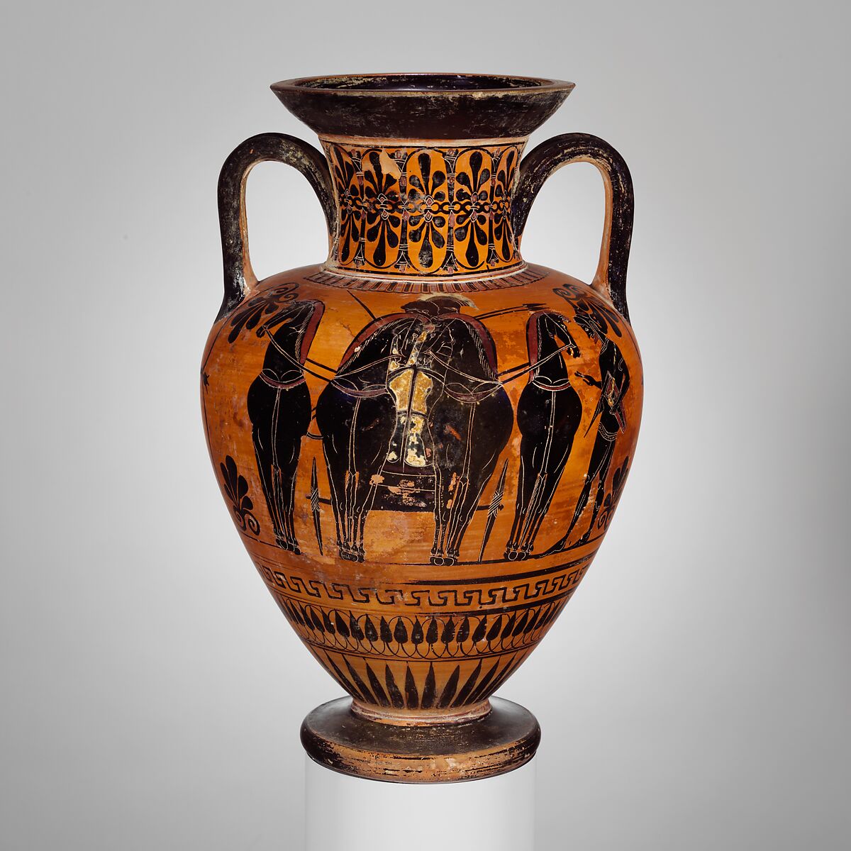 Terracotta neck-amphora (jar), Attributed to the Antimenes Painter, Terracotta, Greek, Attic