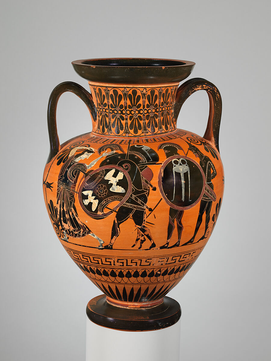 Terracotta neck-amphora (jar), Attributed to the Antimenes Painter, Terracotta, Greek, Attic
