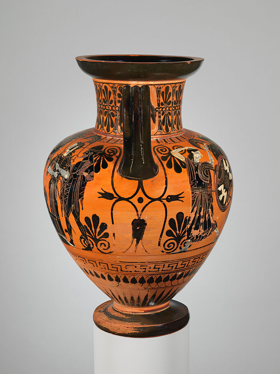 Terracotta neck-amphora (jar), Attributed to the Antimenes Painter, Terracotta, Greek, Attic