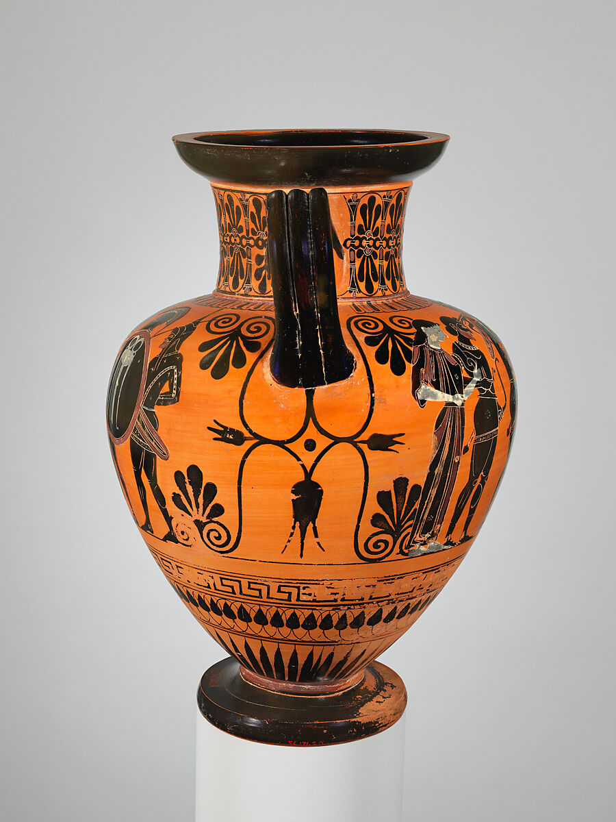 Terracotta neck-amphora (jar), Attributed to the Antimenes Painter, Terracotta, Greek, Attic