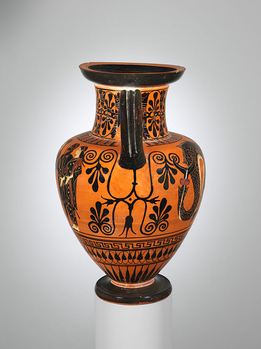 Terracotta neck-amphora (jar), Attributed to the Medea Group, Terracotta, Greek, Attic