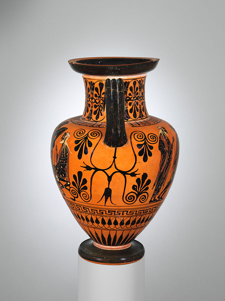 Terracotta neck-amphora (jar), Attributed to the Medea Group, Terracotta, Greek, Attic