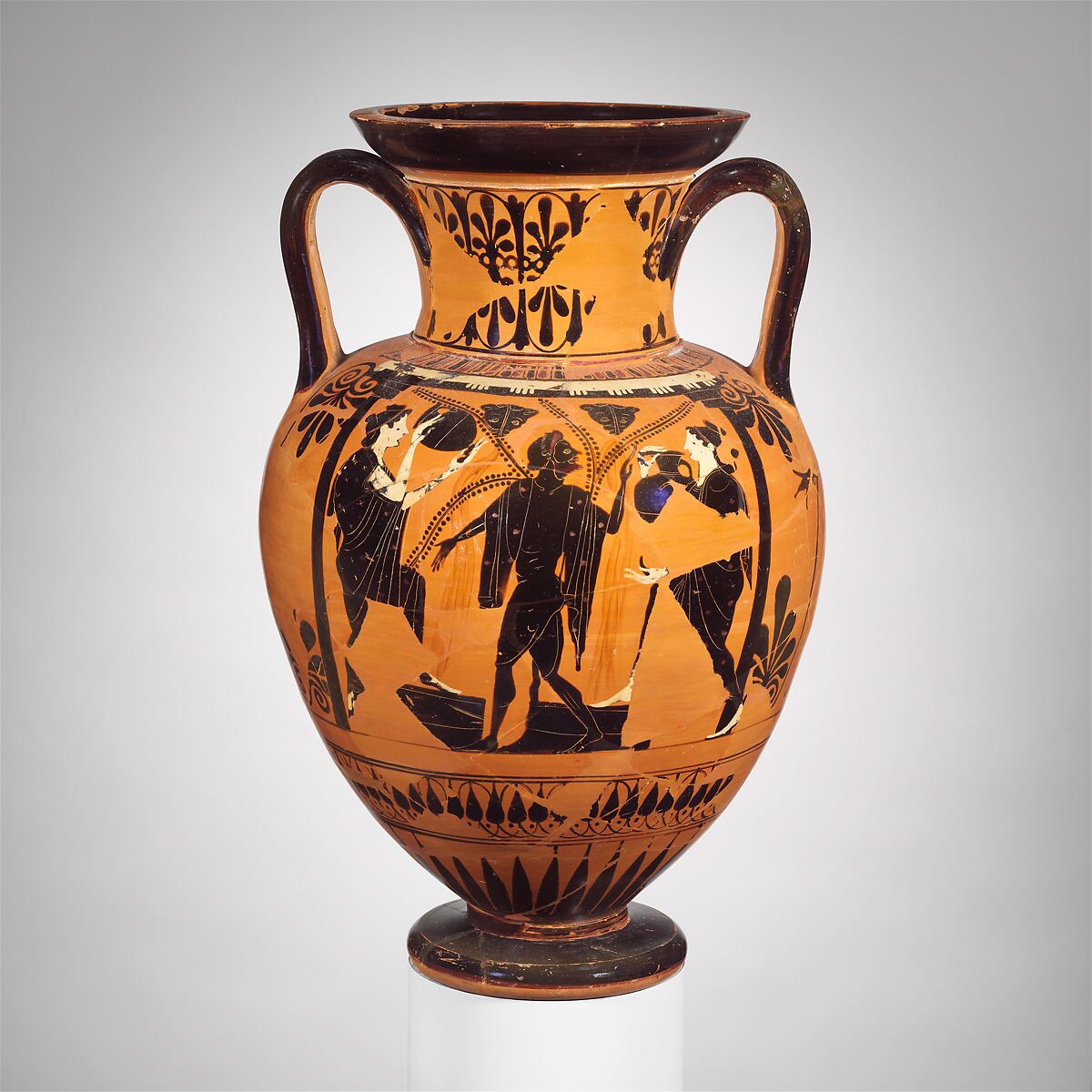 Terracotta neck-amphora (jar), Attributed to the Acheloös Painter, Terracotta, Greek, Attic 