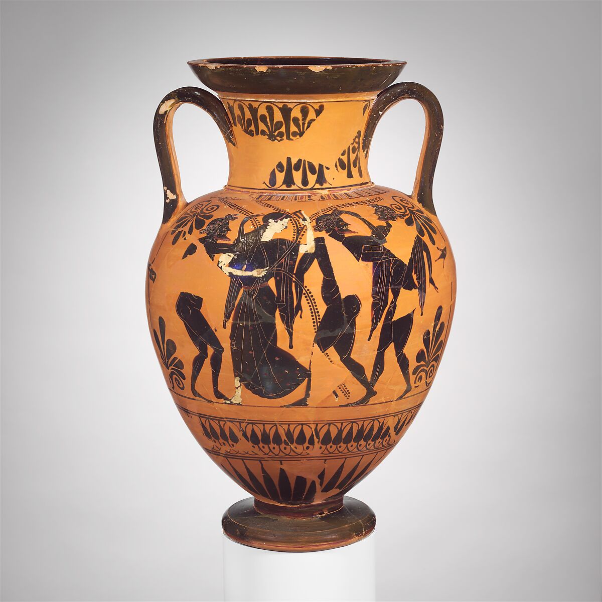 Terracotta neck-amphora (jar), Attributed to the Acheloös Painter, Terracotta, Greek, Attic