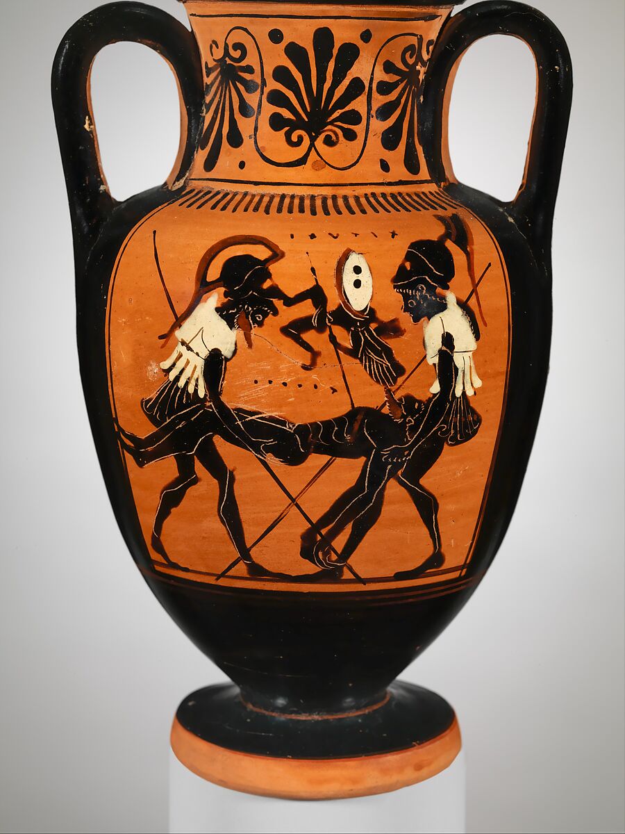 Terracotta neck-amphora (jar), Attributed to the Diosphos Painter, Terracotta, Greek, Attic
