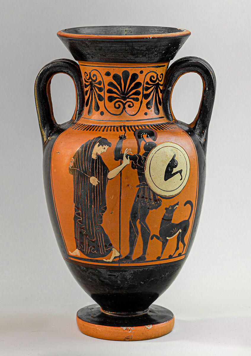 Terracotta neck-amphora (jar), Attributed to the Diosphos Painter, Terracotta, Greek, Attic