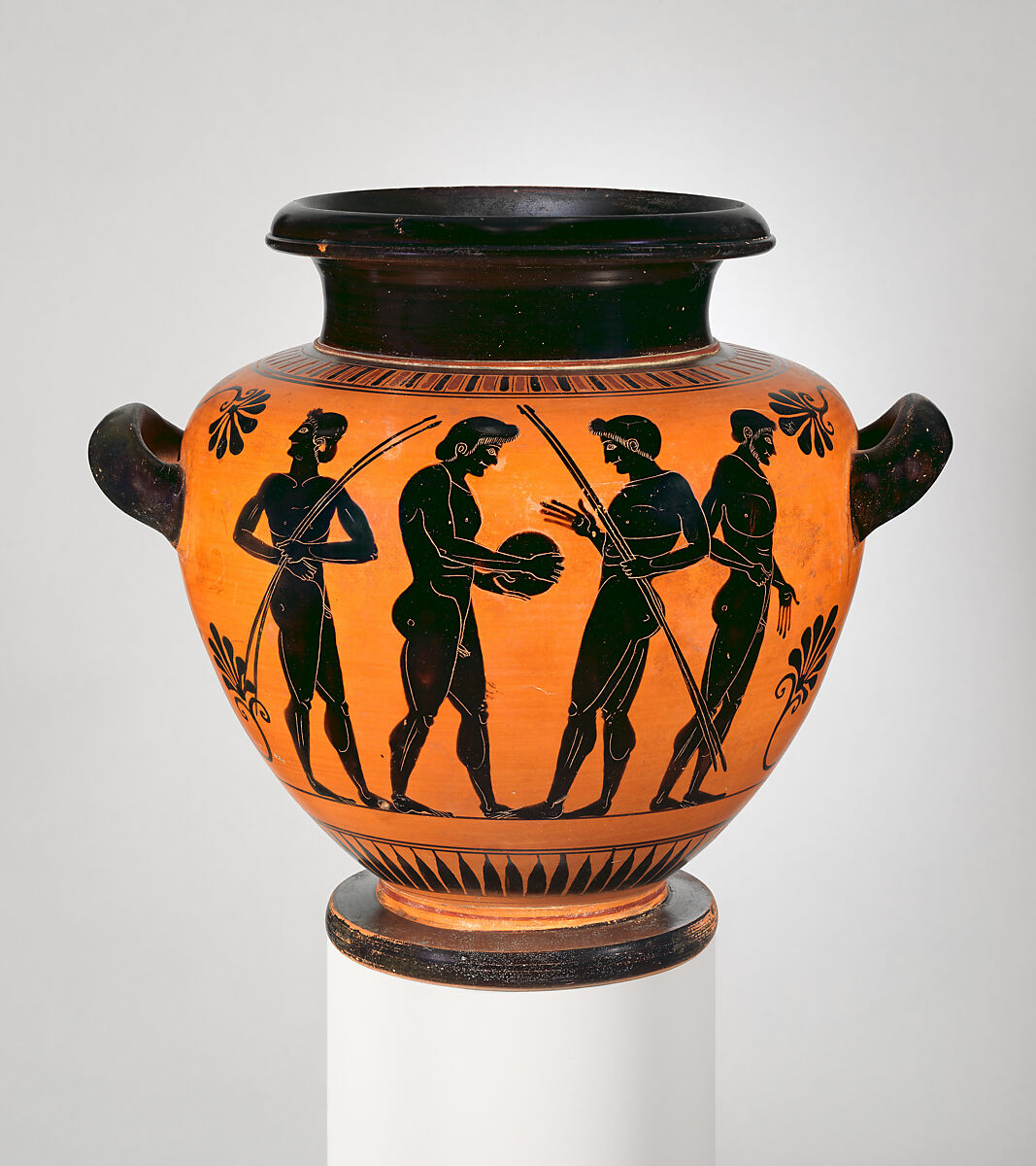 Terracotta stamnos (storage jar), Attributed to an artist related in style to the Antimenes Painter, Terracotta, Greek, Attic