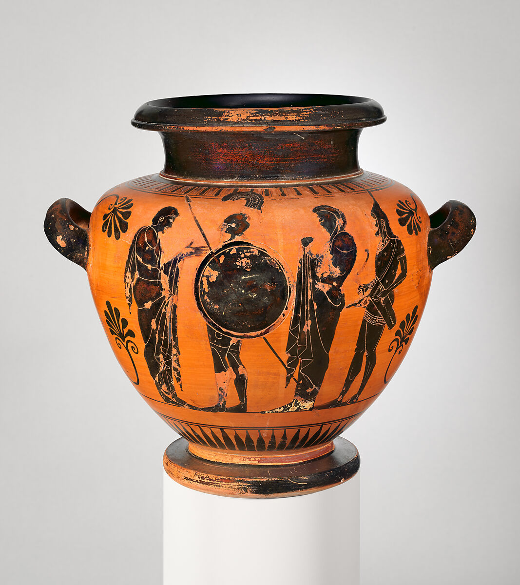 Terracotta stamnos (storage jar), Attributed to an artist related in style to the Antimenes Painter, Terracotta, Greek, Attic 
