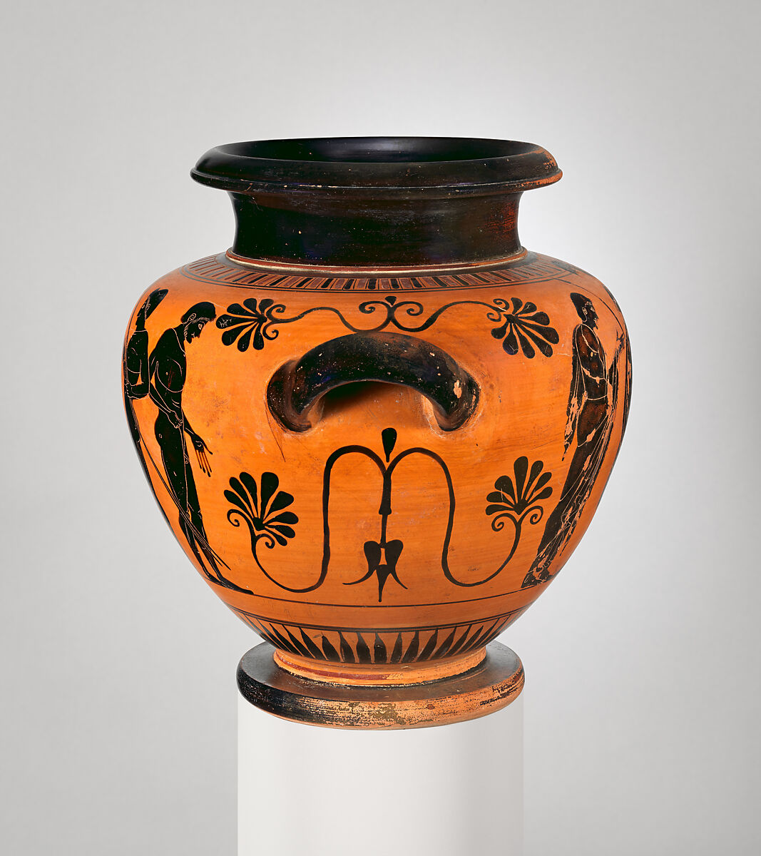 Terracotta stamnos (storage jar), Attributed to an artist related in style to the Antimenes Painter, Terracotta, Greek, Attic