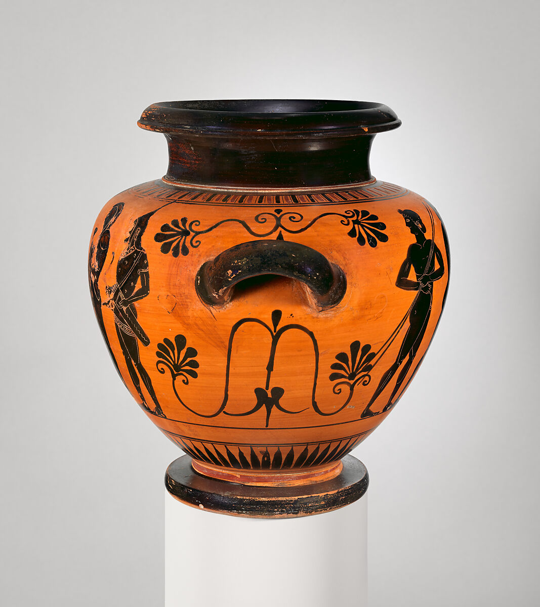 Terracotta stamnos (storage jar), Attributed to an artist related in style to the Antimenes Painter, Terracotta, Greek, Attic