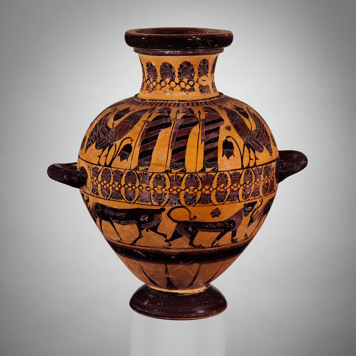 Terracotta hydria (water jar), Attributed to the Ptoon Painter, Terracotta, Greek, Attic 