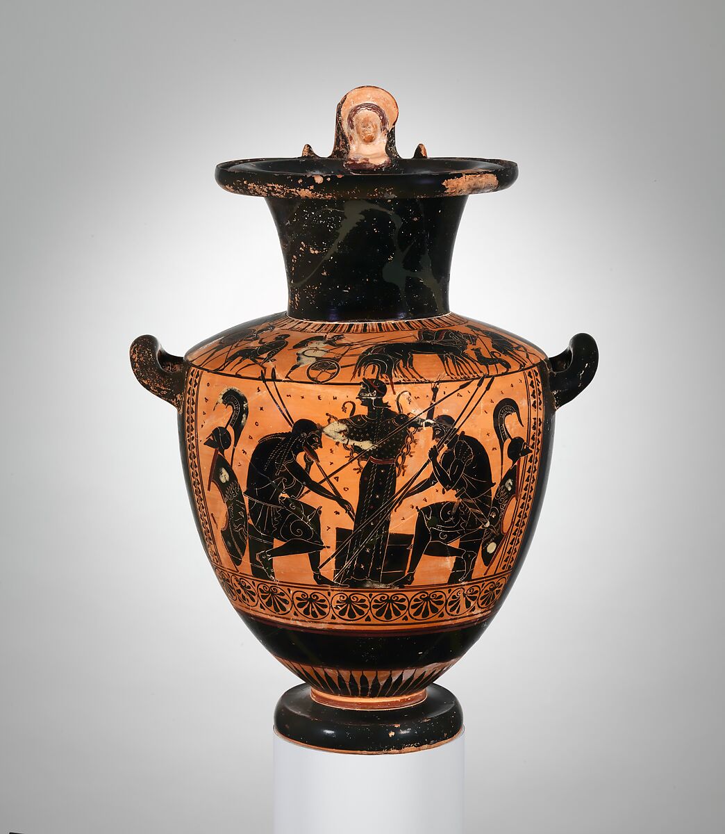 Terracotta hydria (water jar), Attributed to the Leagros Group, Terracotta, Greek, Attic 