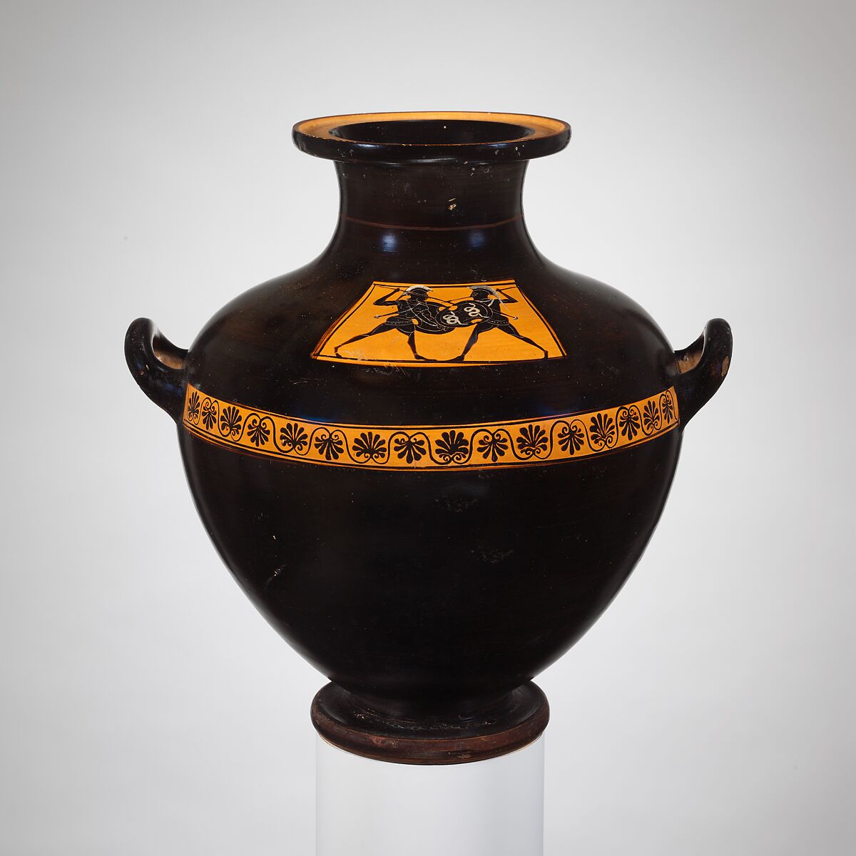 Terracotta hydria: kalpis (water jar), Terracotta, Greek, Attic 