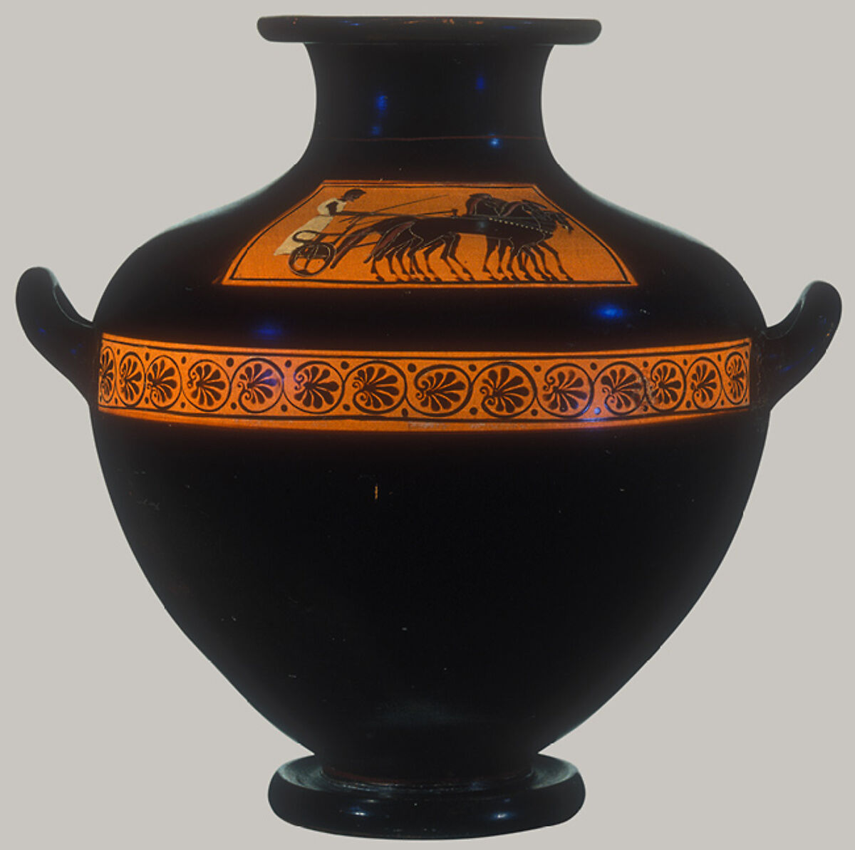 Terracotta hydria: kalpis (water jar), Terracotta, Greek, Attic 