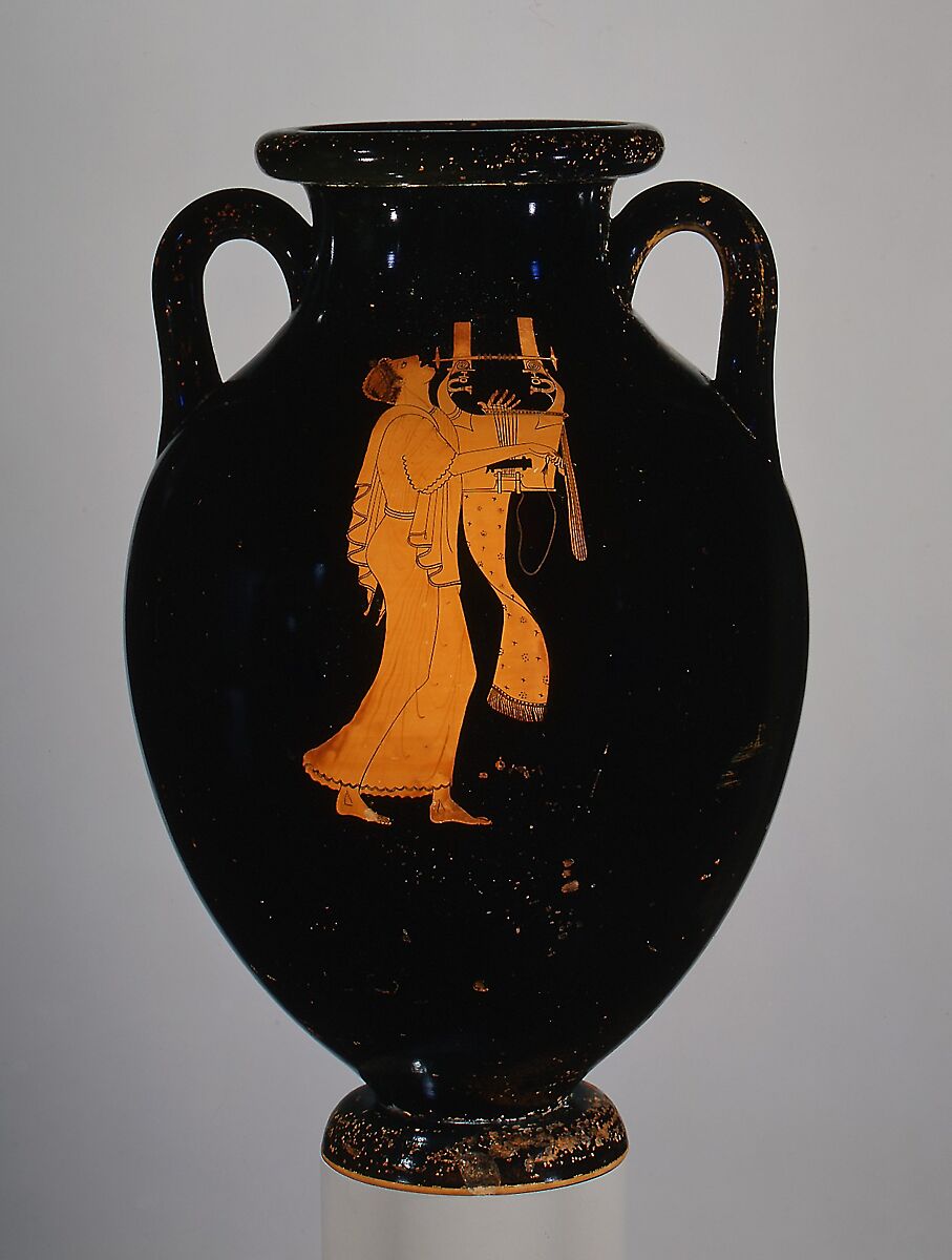 Terracotta amphora (jar), Attributed to the Berlin Painter, Terracotta, Greek, Attic