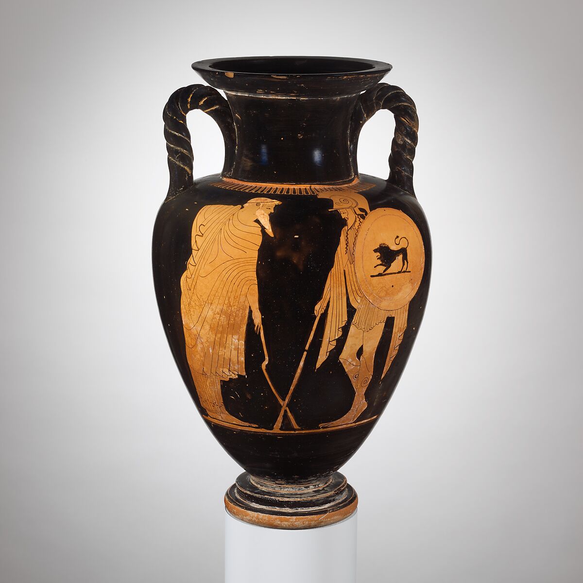 Terracotta neck-amphora (jar) with twisted handles, Attributed to the Matsch Painter, Terracotta, Greek, Attic 