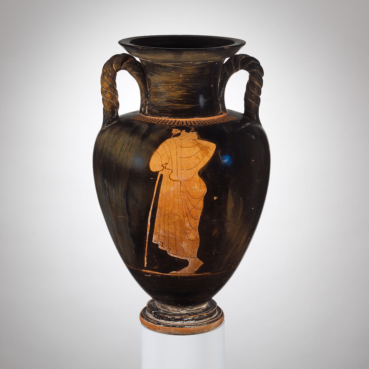 Terracotta neck-amphora (jar) with twisted handles, Attributed to the Matsch Painter, Terracotta, Greek, Attic