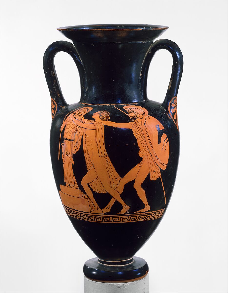 Terracotta Nolan neck-amphora (jar), Attributed to the Ethiop Painter, Terracotta, Greek, Attic 