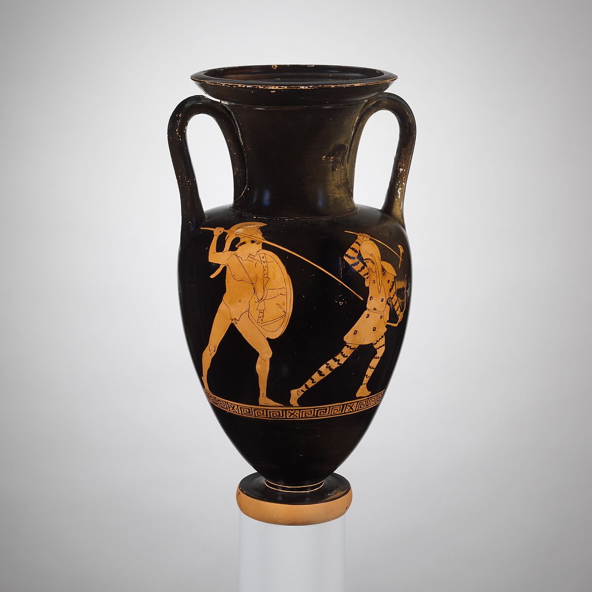 Terracotta Nolan neck-amphora (jar), Attributed to the Dwarf Painter, Terracotta, Greek, Attic 