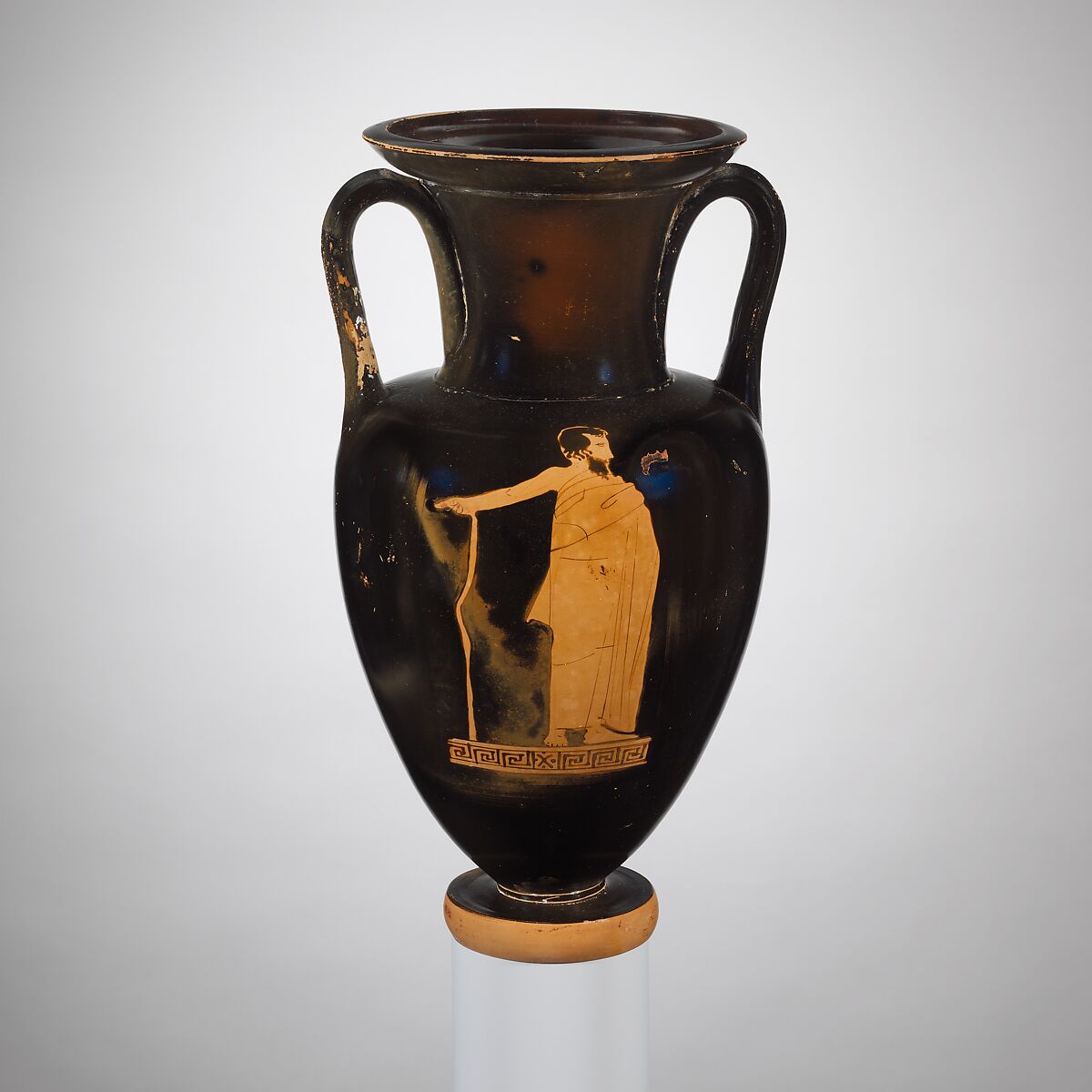 Terracotta Nolan neck-amphora (jar), Attributed to the Dwarf Painter, Terracotta, Greek, Attic