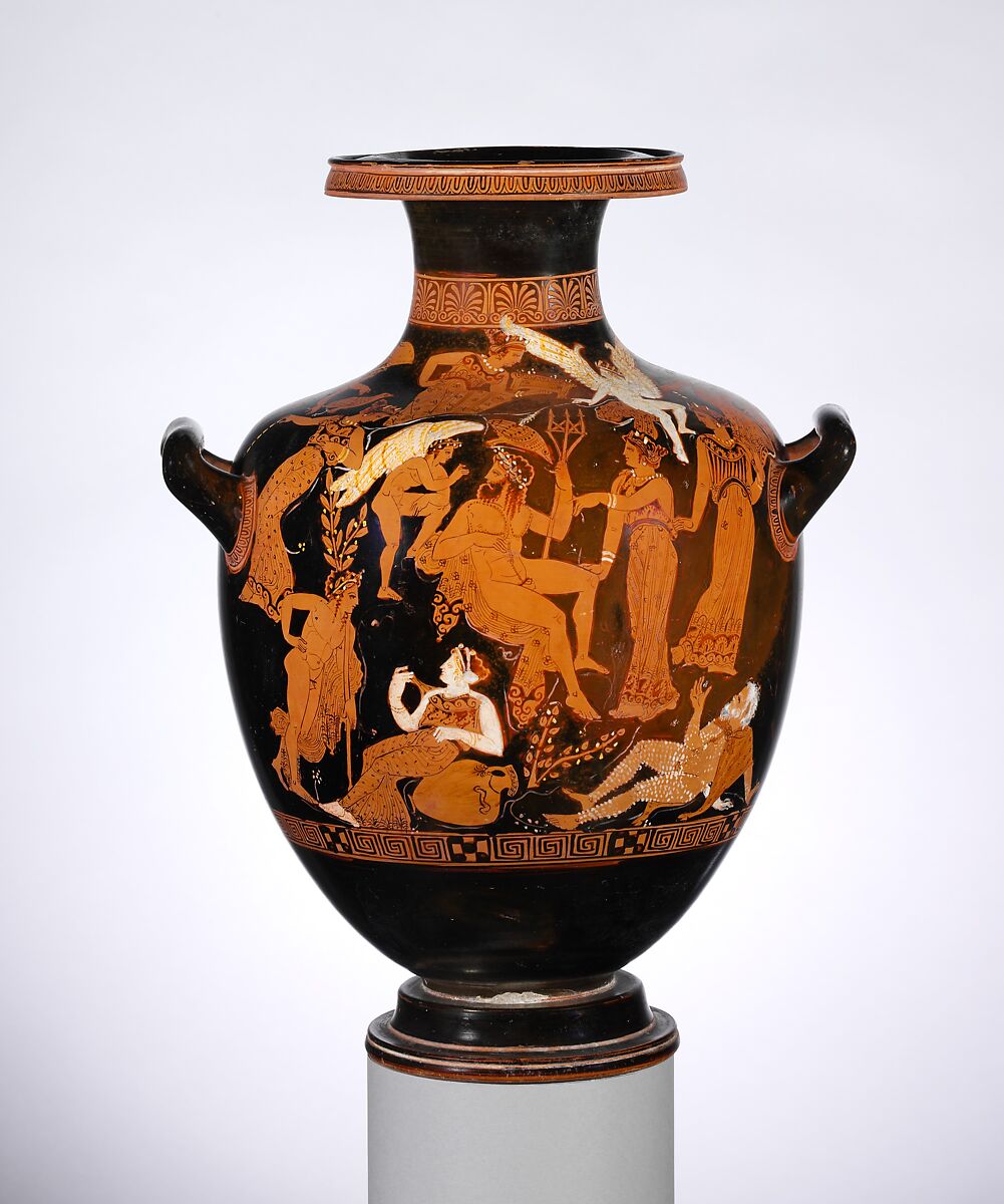 Terracotta hydria: kalpis (water jar), Attributed to the Erbach Painter, Terracotta, Greek, Attic 