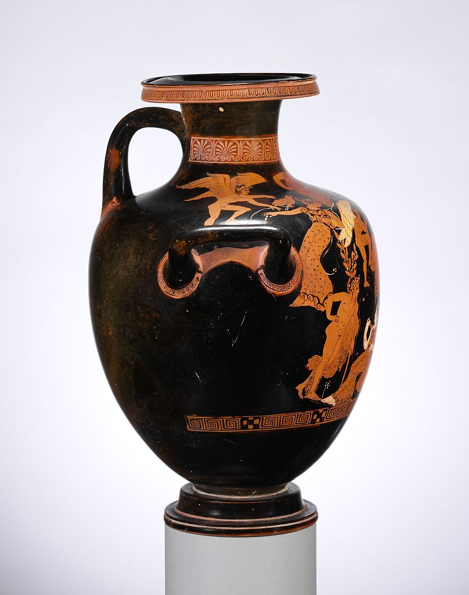 Terracotta hydria: kalpis (water jar), Attributed to the Erbach Painter, Terracotta, Greek, Attic