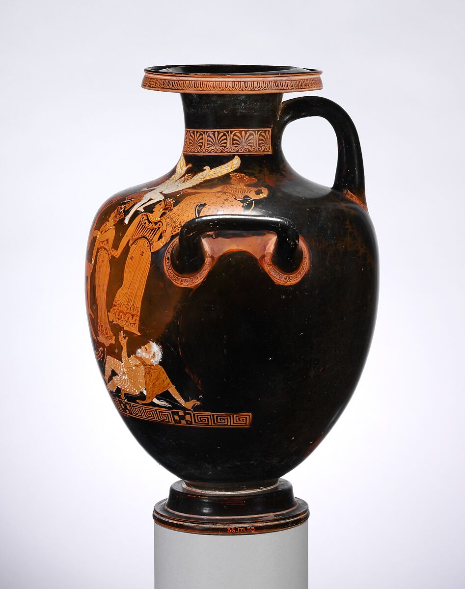 Terracotta hydria: kalpis (water jar), Attributed to the Erbach Painter, Terracotta, Greek, Attic