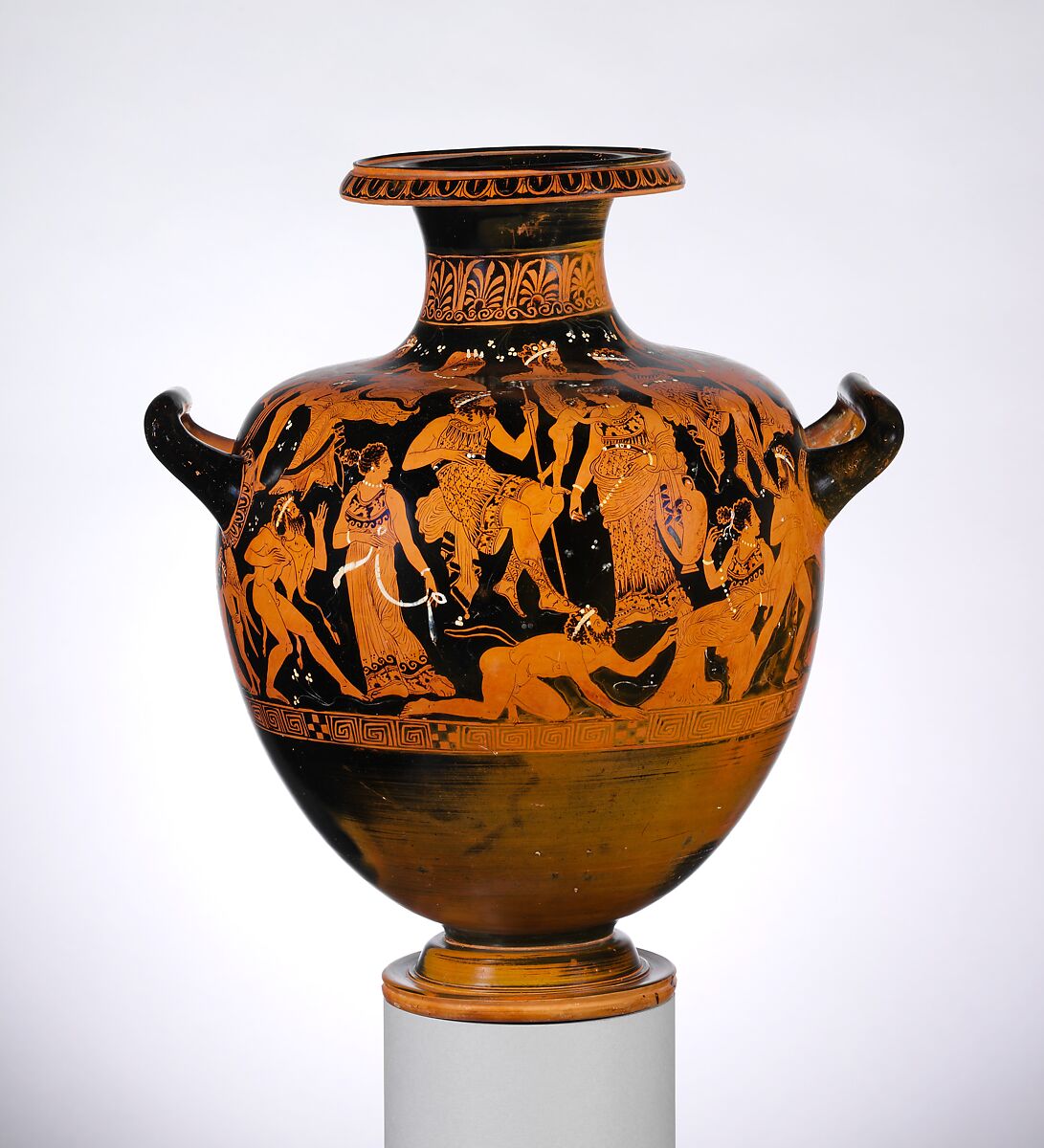 Terracotta hydria: kalpis (water jar), Attributed to the Meleager Painter, Terracotta, Greek, Attic 