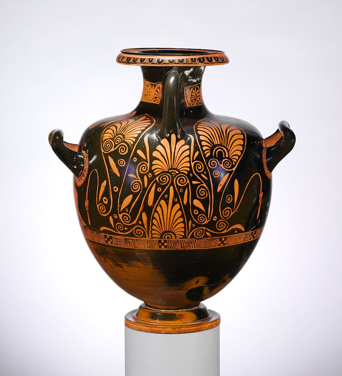 Terracotta hydria: kalpis (water jar), Attributed to the Meleager Painter, Terracotta, Greek, Attic
