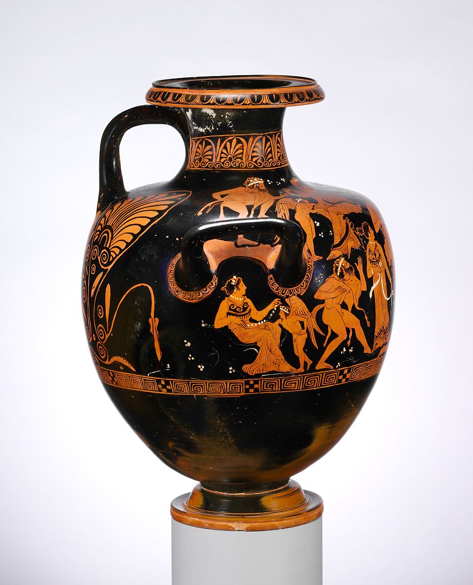 Terracotta hydria: kalpis (water jar), Attributed to the Meleager Painter, Terracotta, Greek, Attic