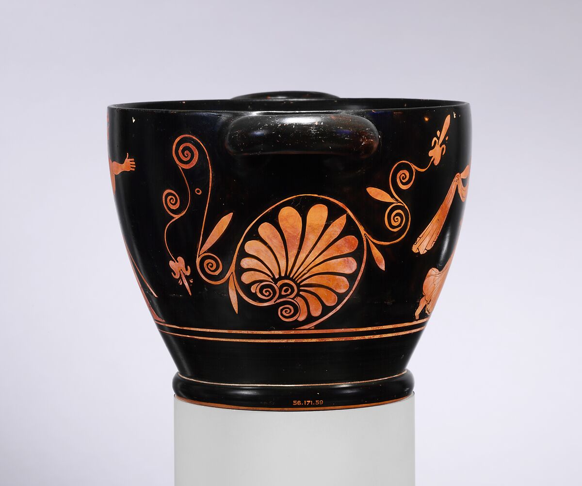 Terracotta skyphos (deep drinking cup), Attributed to the Lewis Painter, Terracotta, Greek, Attic