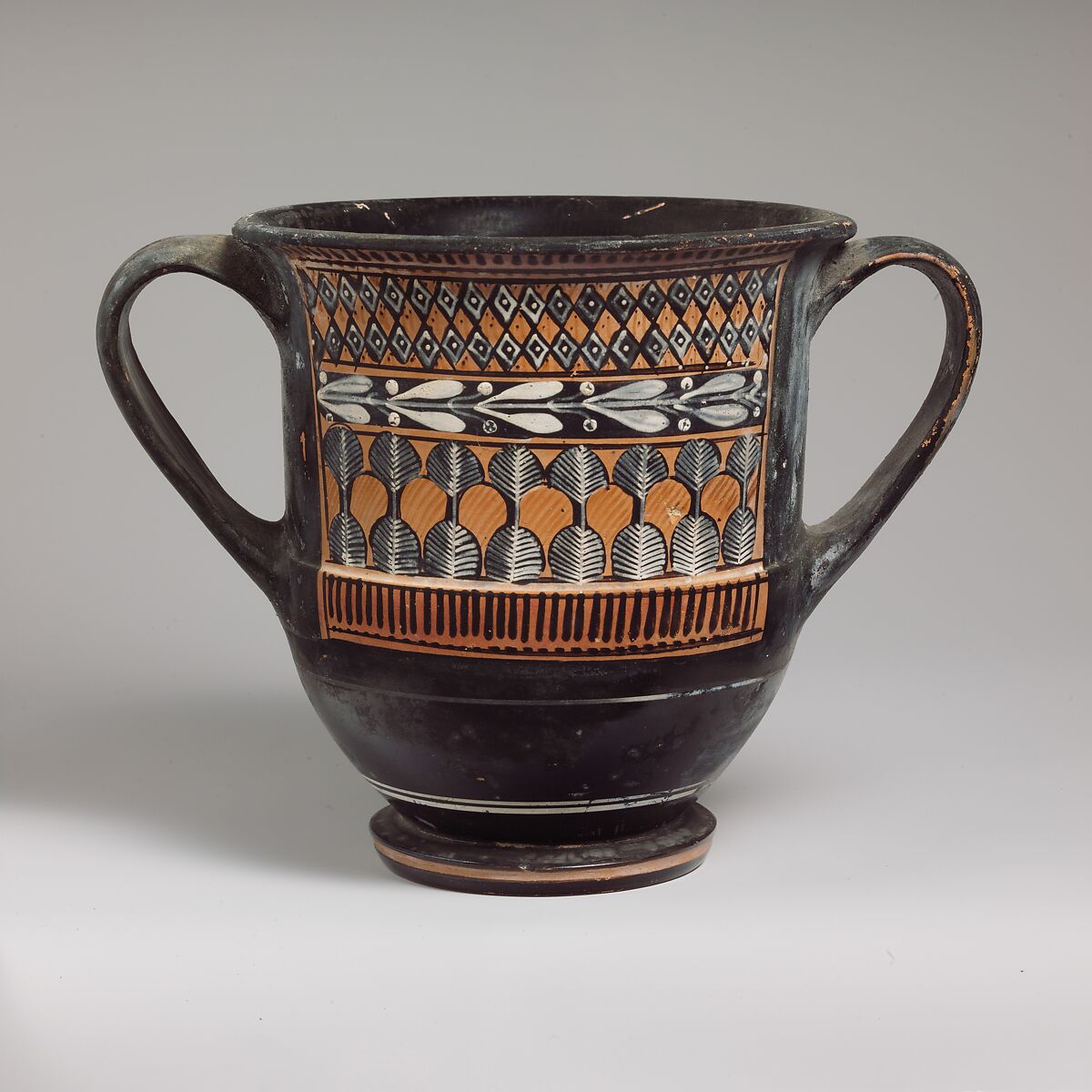 Terracotta sessile kantharos (deep cylindrical drinking cup with two handles), Terracotta, Greek, Attic 