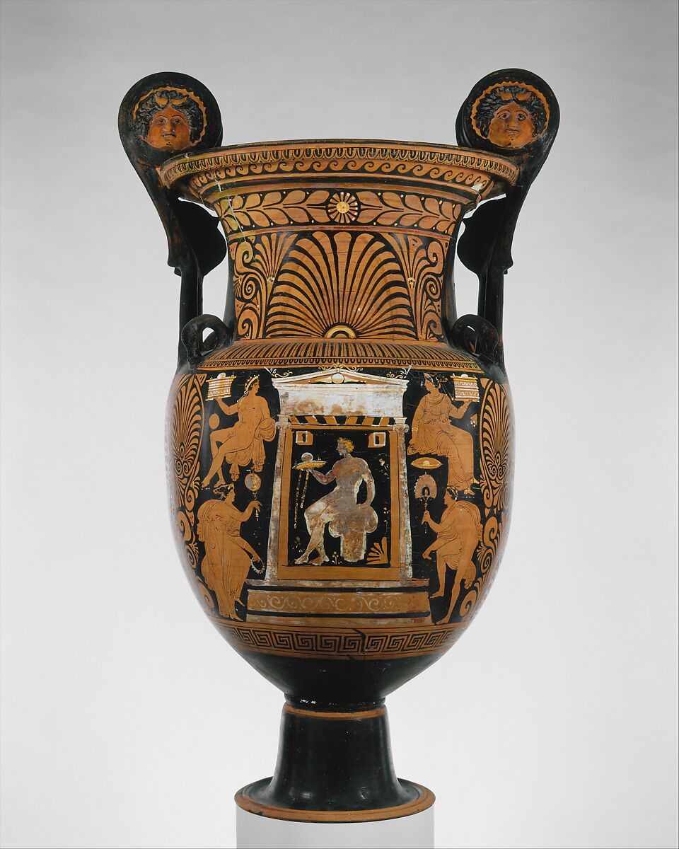 Terracotta volute-krater (vase for mixing wine and water), Attributed to the Capodimonte Painter, Terracotta, Greek, South Italian, Apulian