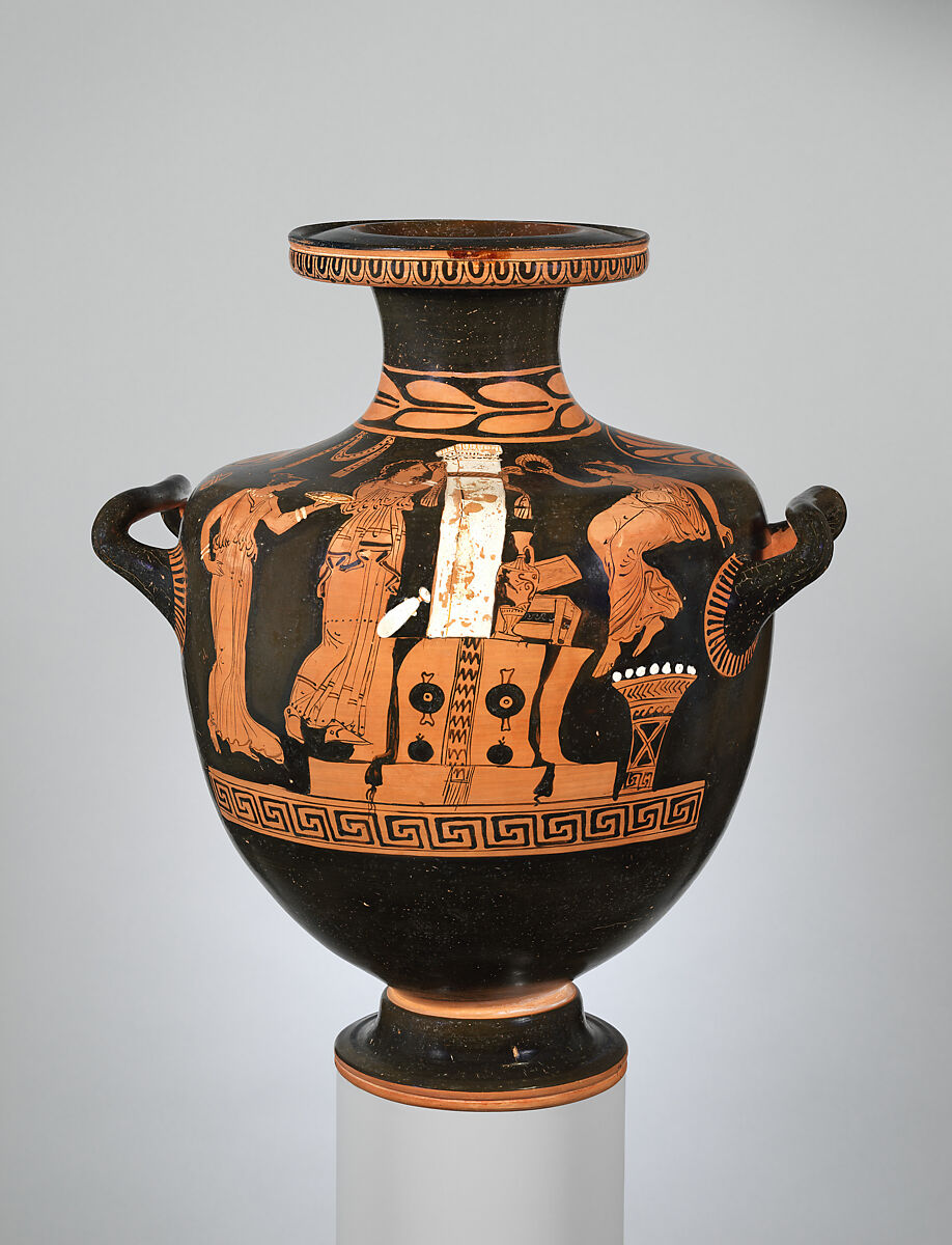 Terracotta hydria (water jar), Attributed to the Workshop of the Iliupersis Painter, Terracotta, Greek, South Italian, Apulian 