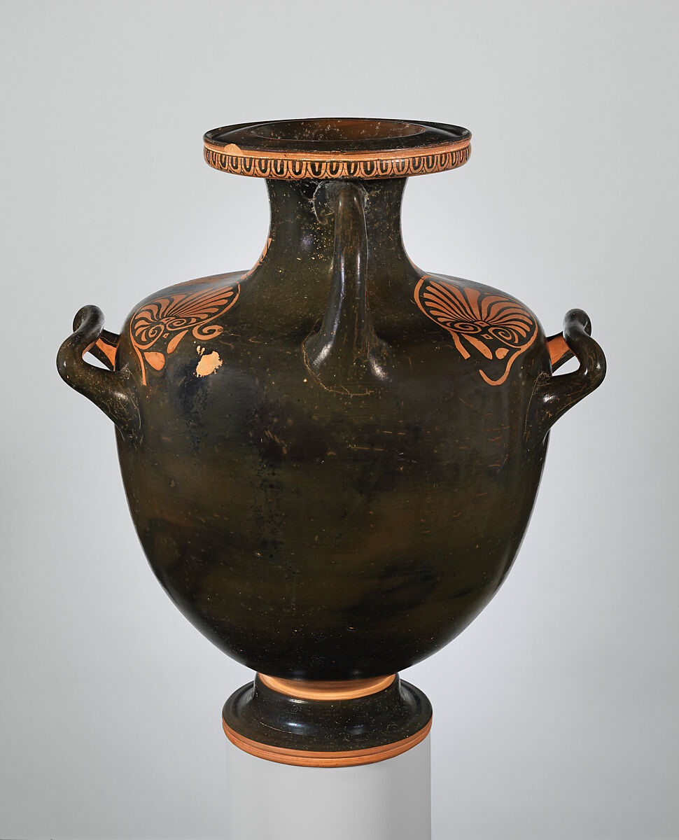 Terracotta hydria (water jar), Attributed to the Workshop of the Iliupersis Painter, Terracotta, Greek, South Italian, Apulian