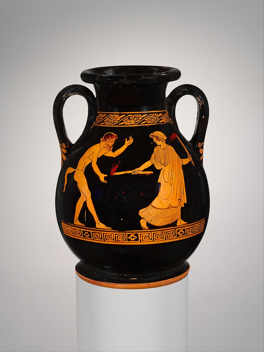 Terracotta pelike (jar), Attributed to the Carlsruhe Painter, Terracotta, Greek, Attic 