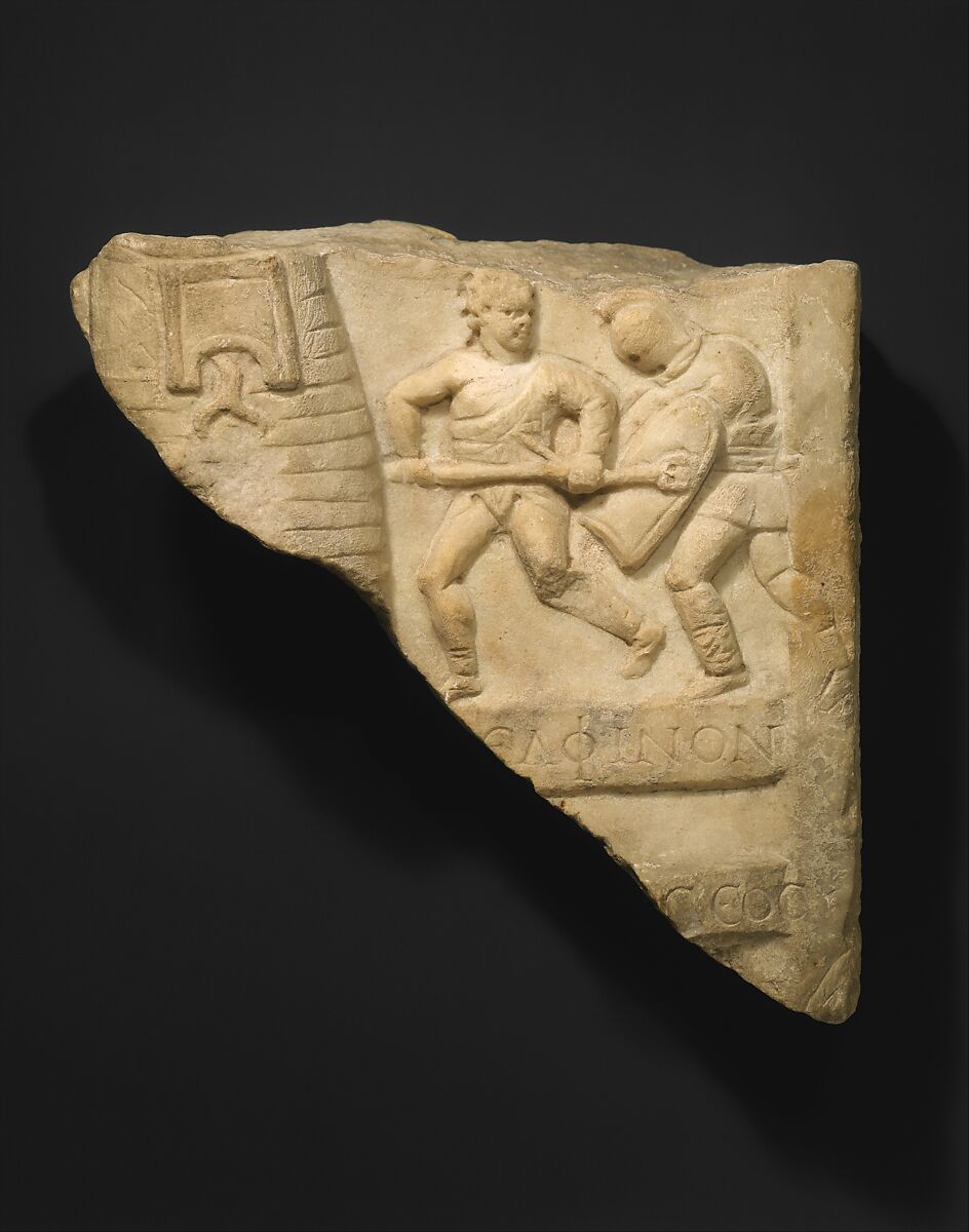 Marble relief fragment with gladiators, Marble, Roman 