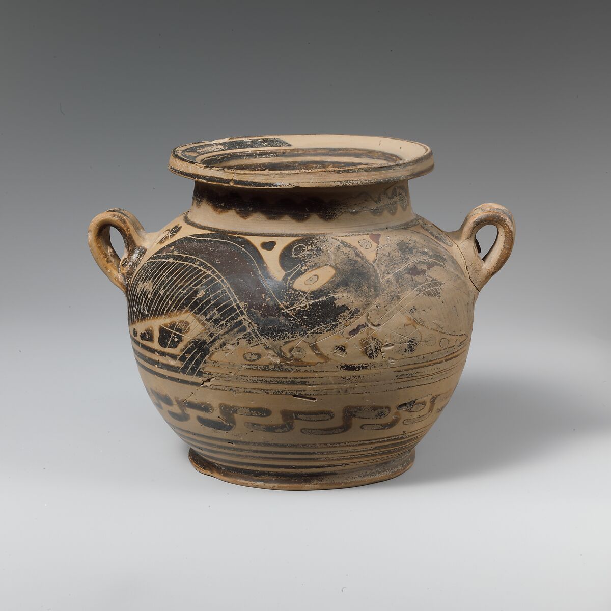 Terracotta pyxis (box), Apparently by the Hermitage Painter, Terracotta, Greek, Corinthian 