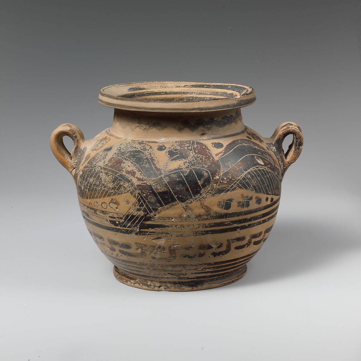 Terracotta pyxis (box), Apparently by the Hermitage Painter, Terracotta, Greek, Corinthian