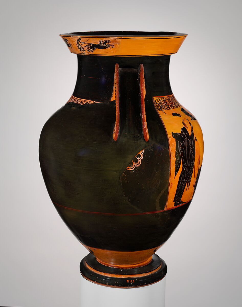 Terracotta amphora (jar), Attributed to the Antimenes Painter, Terracotta, Greek, Attic