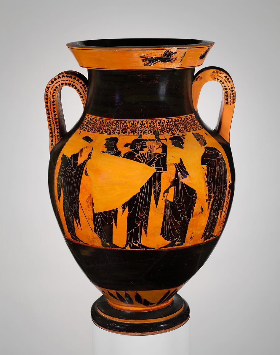 Terracotta amphora (jar), Attributed to the Antimenes Painter, Terracotta, Greek, Attic 
