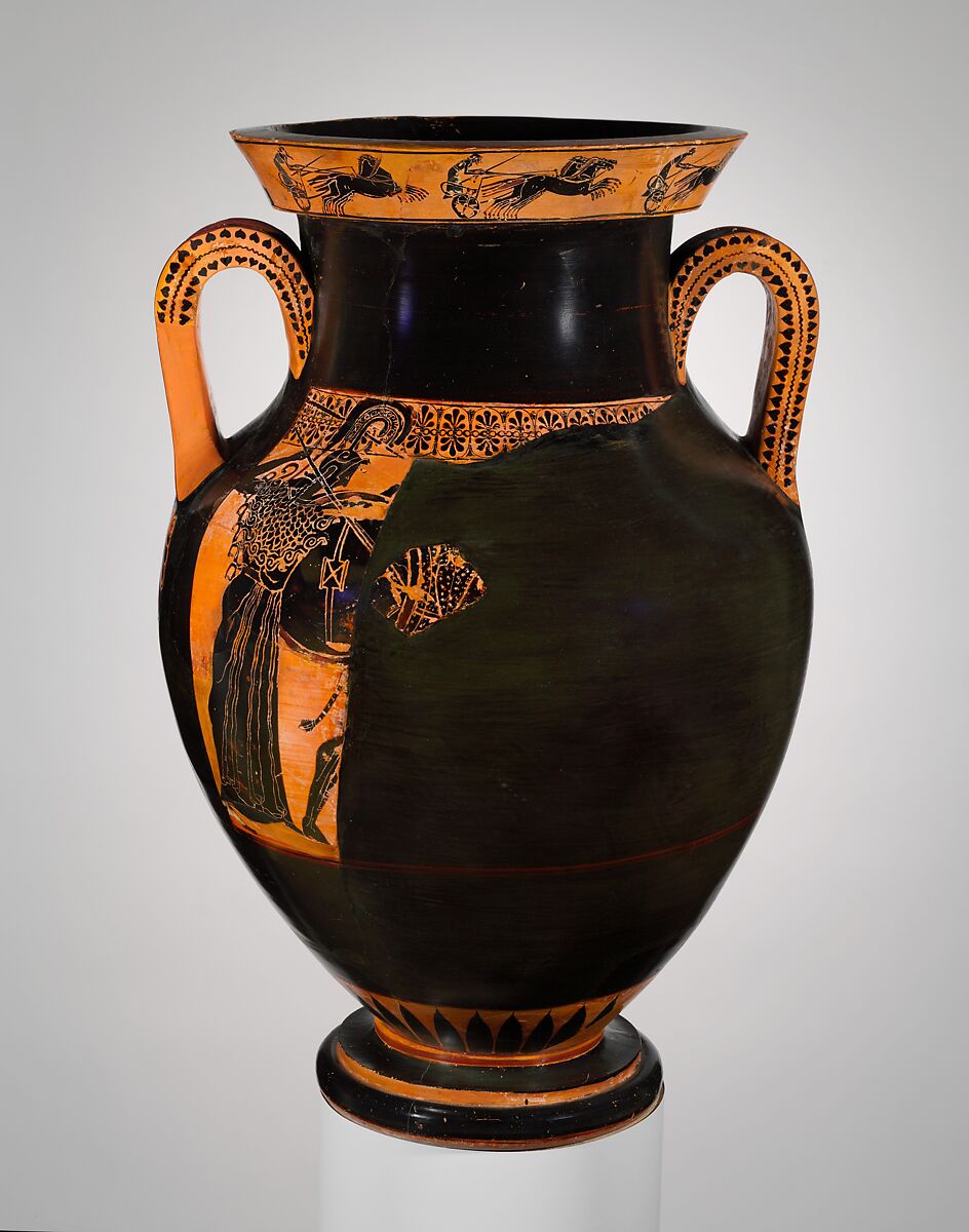 Terracotta amphora (jar), Attributed to the Antimenes Painter, Terracotta, Greek, Attic