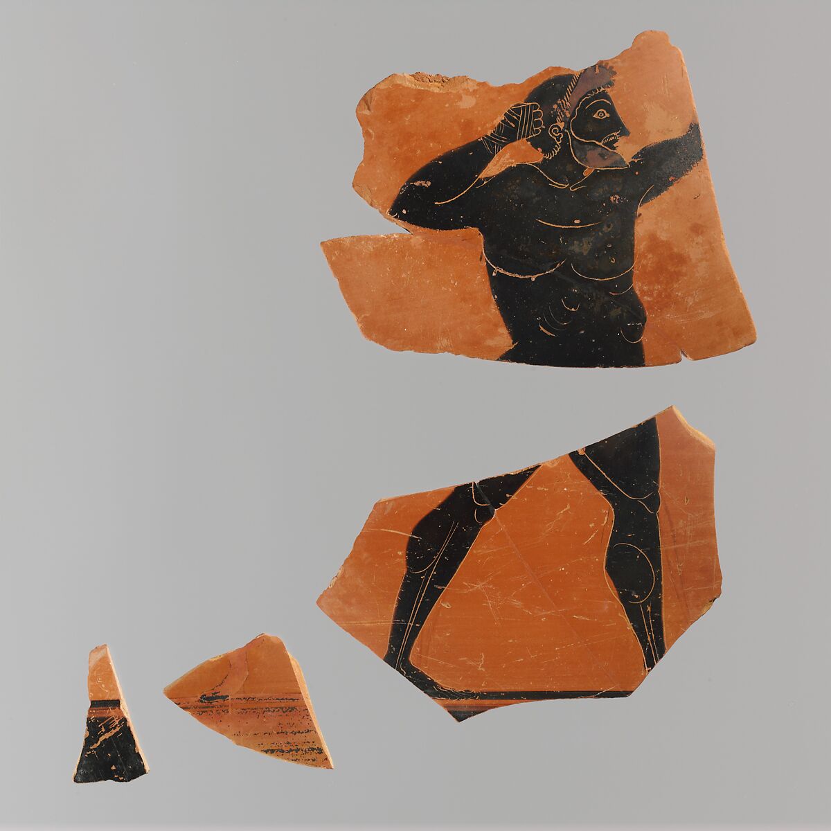 Fragments of a terracotta amphora (jar), Probably by the Painter of Tarquinia RC 6847, Terracotta, Greek, Attic 