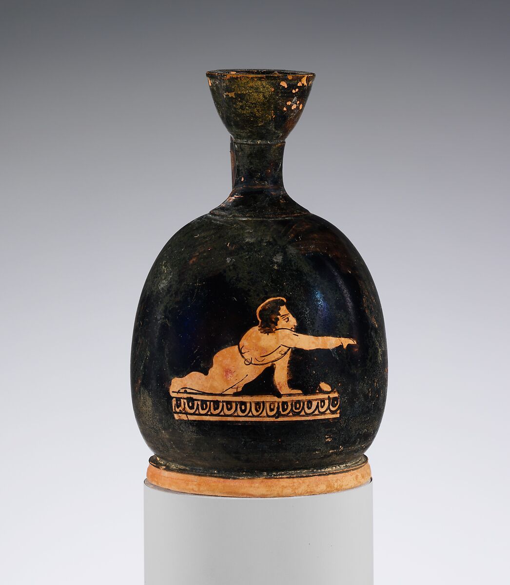 Terracotta squat lekythos (oil flask), Terracotta, Greek, Attic 