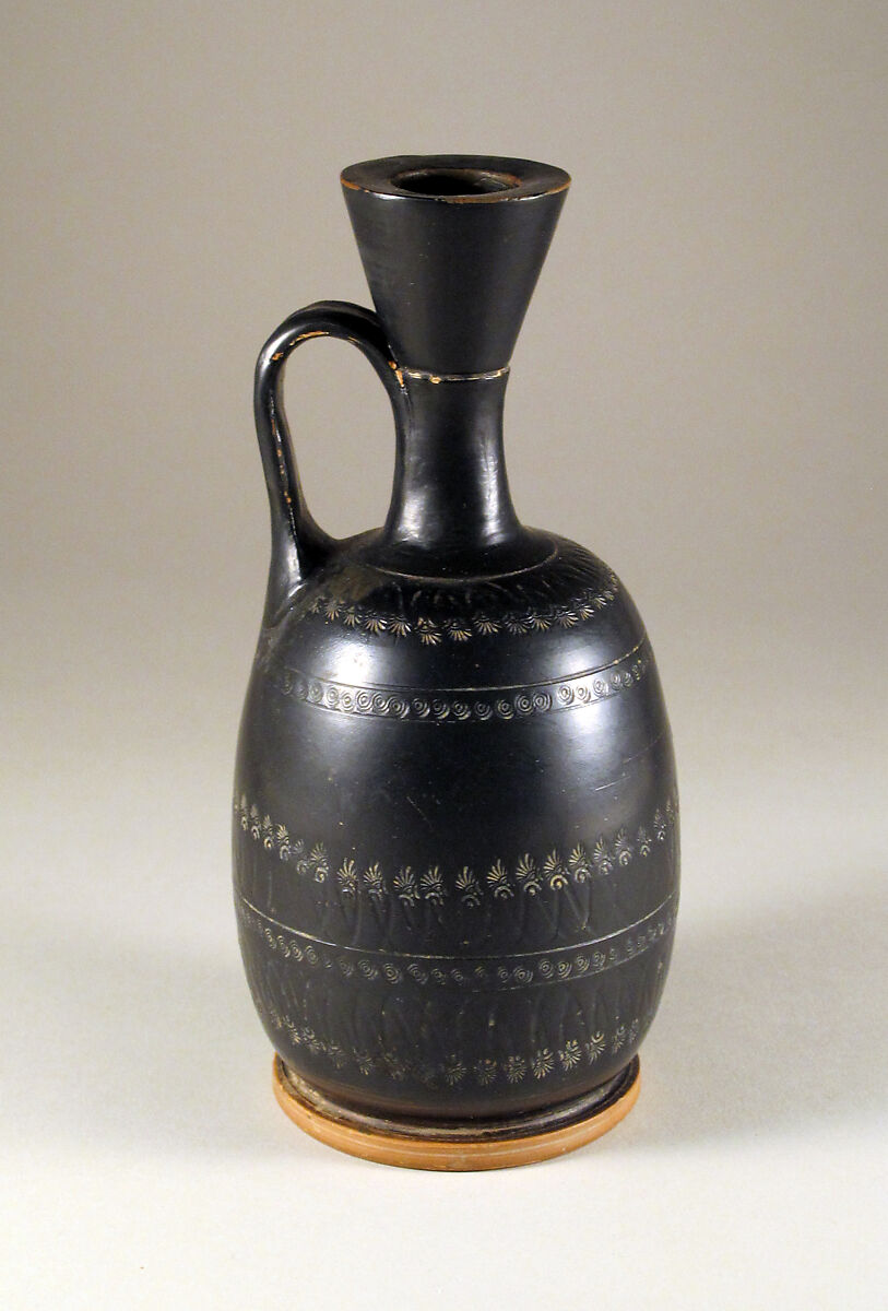 Terracotta squat lekythos (oil flask), Terracotta, Greek, Boeotian 