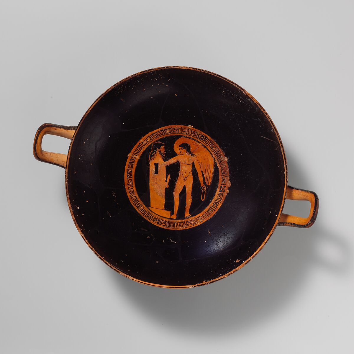 Terracotta kylix (drinking cup), Attributed to the Painter of Würzburg 487, Terracotta, Greek, Attic 