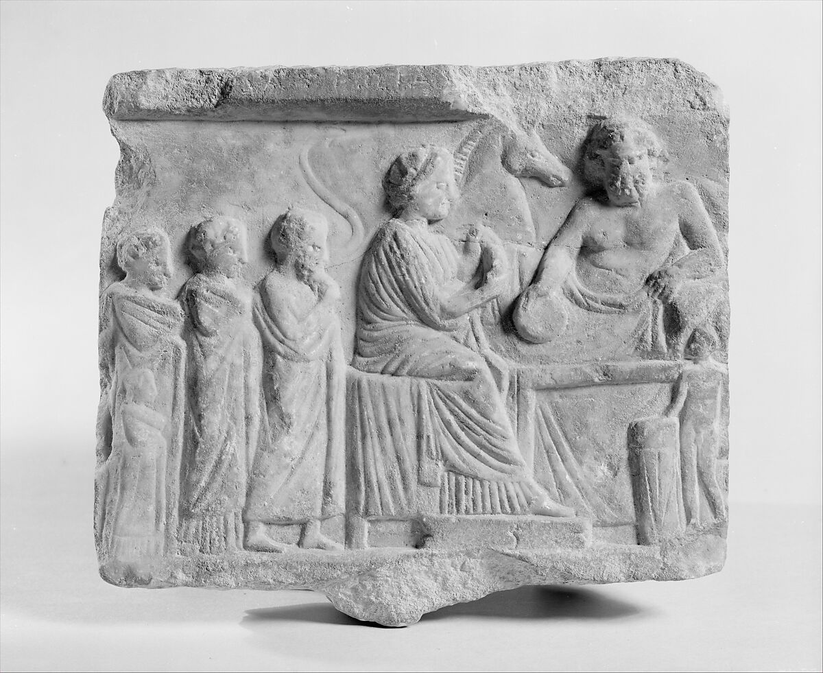 Marble votive relief dedicated to a hero, Marble, Greek, Attic 