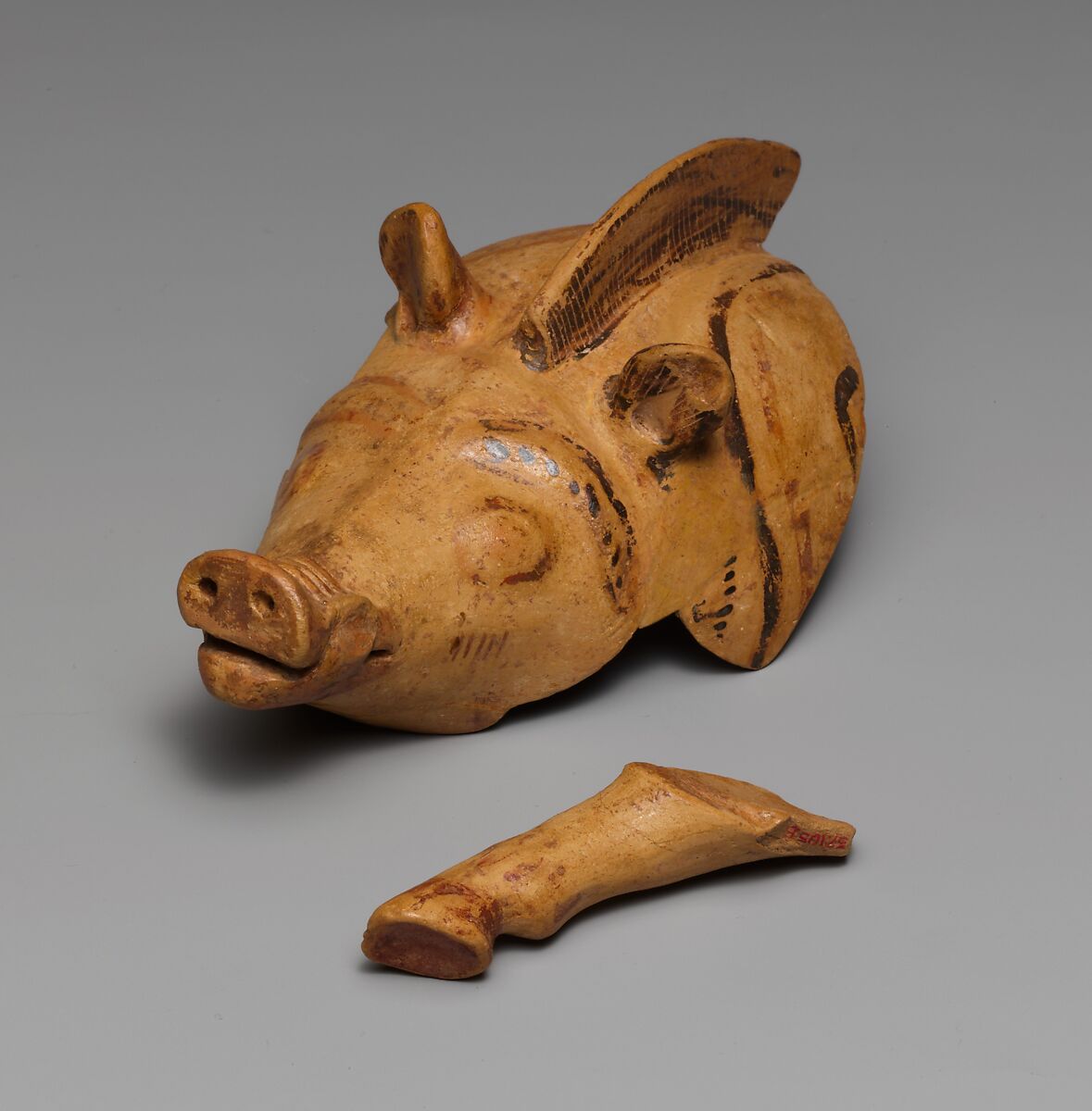 Terracotta vase in the shape of a boar, Terracotta, Greek, Boeotian 