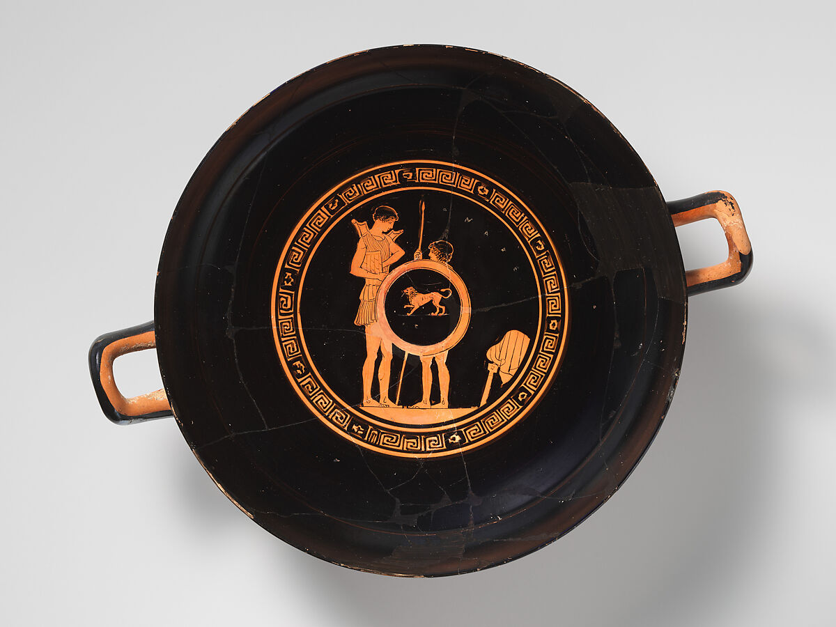 Terracotta kylix (drinking cup), Attributed to the Lyandros Painter, Terracotta, Greek, Attic 