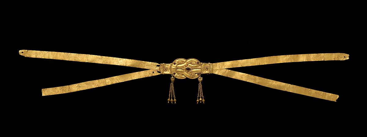 Gold cross-strap diadem with a Herakles knot set with five garnets, Gold, garnet, Greek